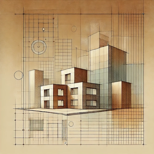 Abstraktes Architekturmotiv mit Gebäuden und Konstruktionslinien – steht für Projektorganisation, Bauplanung und dokumentierte Zusammenarbeit.