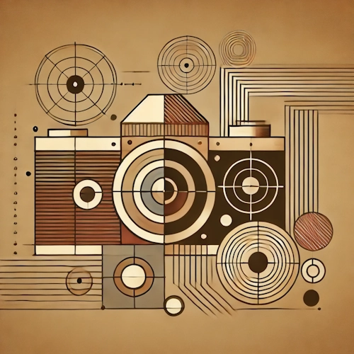 Abstrakte Kamera-Illustration mit Linien und Kreisen – steht für Bildverwaltung, Originalerhalt und automatische Optimierung.