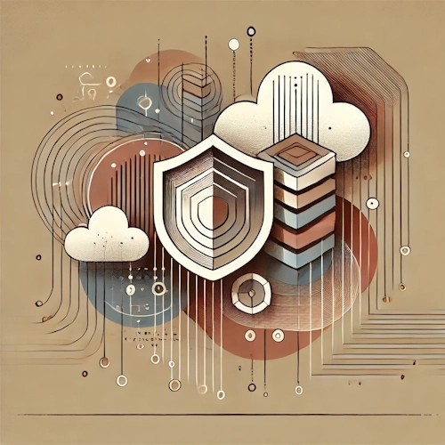 Abstrakte Darstellung von Cloud, Serversymbol und Schutzschild – steht für sichere Datenspeicherung in der Schweiz.